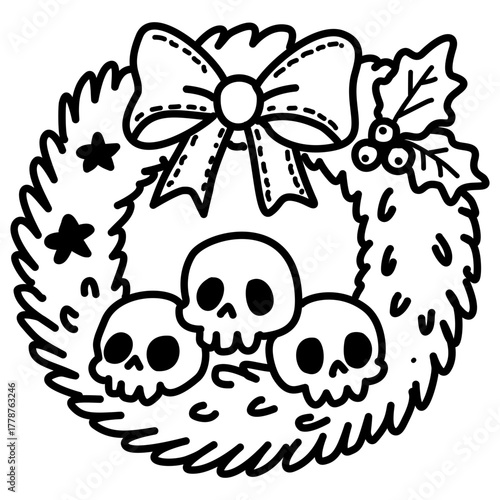 Adorable Skull Christmas Wreath Line Art Illustration Kawaii Gothic Holiday Decoration Cute Spooky Garland Doodle for Coloring Pages Stickers and Craft Projects