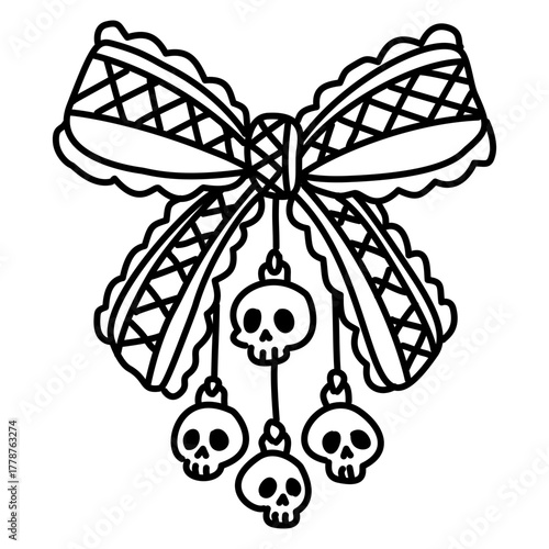 Cute Gothic Lace Bow with Dangling Skulls Line Art Illustration Kawaii Dark Christmas Decoration Spooky Ribbon Doodle for Coloring Pages Stickers and Craft Designs