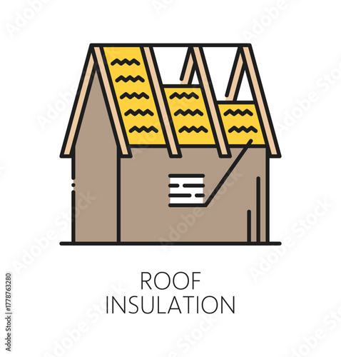 House roof insulation repair line icon or label. Property roof insulation repair company outline icon, house maintenance vector sign. Home exterior renovation symbol or construction service pictogram