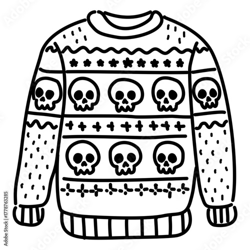 Cute Skull Pattern Christmas Sweater Line Art Illustration Kawaii Gothic Holiday Jumper Doodle Cozy Winter Outfit Design for Coloring Pages Stickers and Craft Projects
