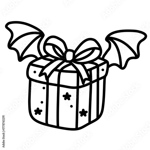 Cute Gothic Gift Box Line Art Illustration Kawaii Spooky Christmas Present with Bat Wings and Ribbon Bow Doodle for Coloring Pages Stickers and Craft Projects