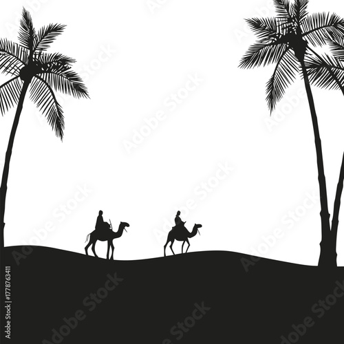 Black and white vector illustration of desert landscape and camels