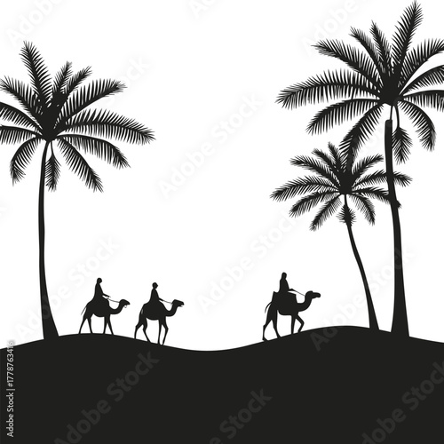 Black and white vector illustration of desert landscape and camels