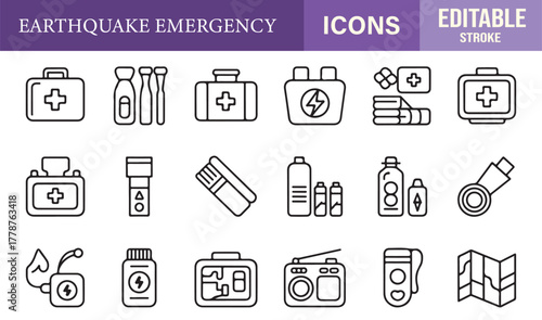 Minimalist line icon set representing safety, rescue, and earthquake emergency essentials in vector style.