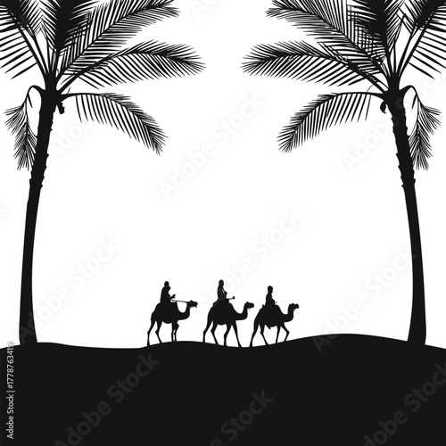 Black and white vector illustration of desert landscape and camels