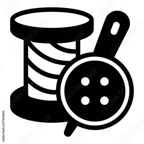 Spool of thread with button and needle solid icon, sewing tools concept. Vector graphics. Needle with cap and reel sign on white background, style icon mobile or web design.