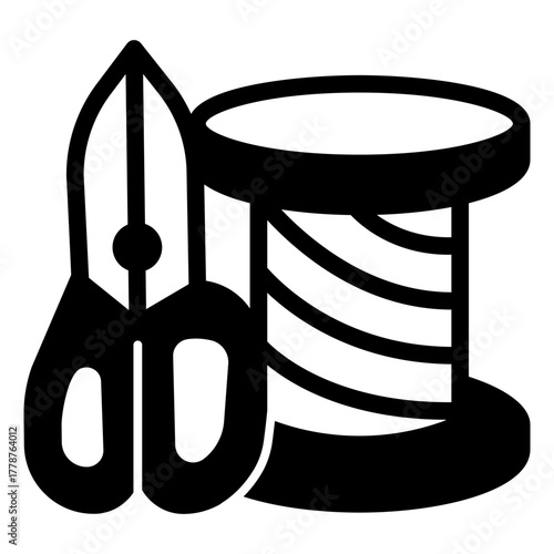 Spool of thread with scissors solid icon, sewing tools concept. Vector graphics. Scissors and reel, handicraft accessory sign on white background, style icon mobile or web design.