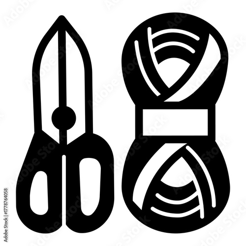 Scissors and skein of thread solid icon, sewing tools concept. Vector graphics. Yarn with scissors, handicraft accessory sign on white background, style icon mobile or web design.