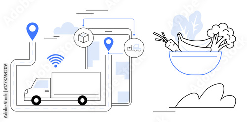 Delivery truck on a digital route, connected to a tablet, tracking logistics and fresh groceries. Ideal for transportation, logistics, e-commerce, delivery service, technology, supply chain
