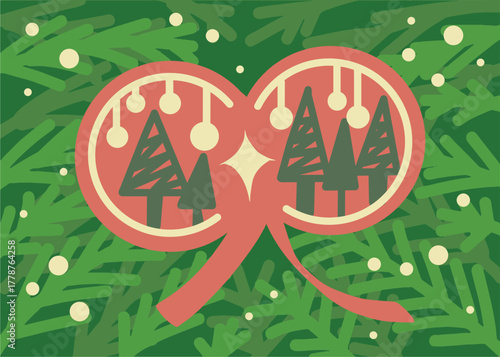 Festive Christmas Bow with Pine Trees on Evergreen Background