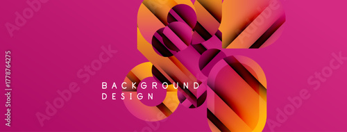 Abstract geometric shapes overlap vibrant pink backdrop. Modern design elements create dynamic visual texture. Bold colors, gradients present.