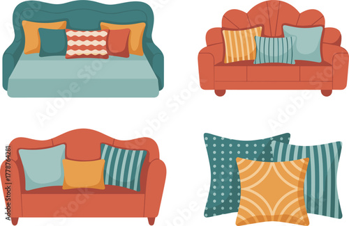 Set of Modern Sofa and Cushion Vector Illustration - Cozy Furniture, Couch, and Throw Pillow - Interior Design Elements
