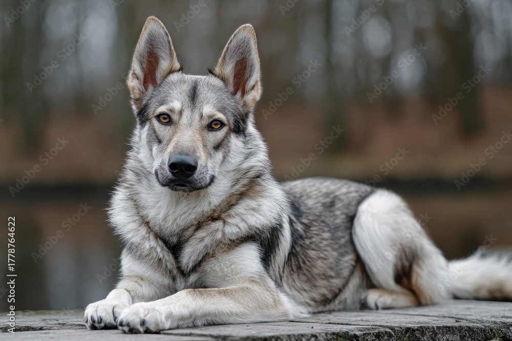 Naklejka premium Portrait of a beautiful dog resting on a stone surface near a calm water body in a serene and natural environment during overcast daylight
