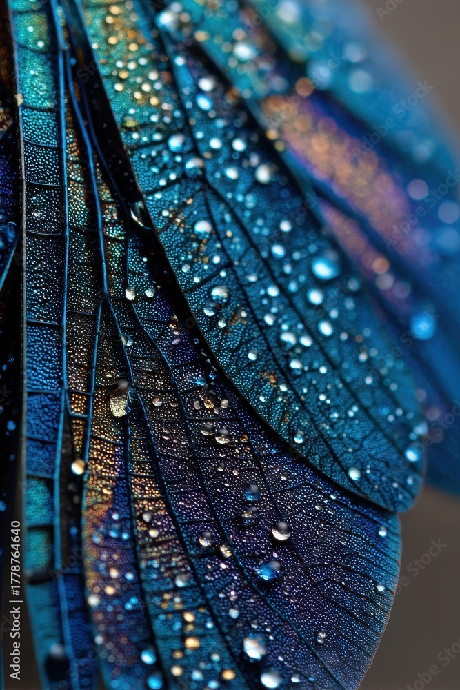 Fototapeta premium Detailed macro shot of a dragonfly's wings with sparkling water droplets, showcasing intricate patterns and textures