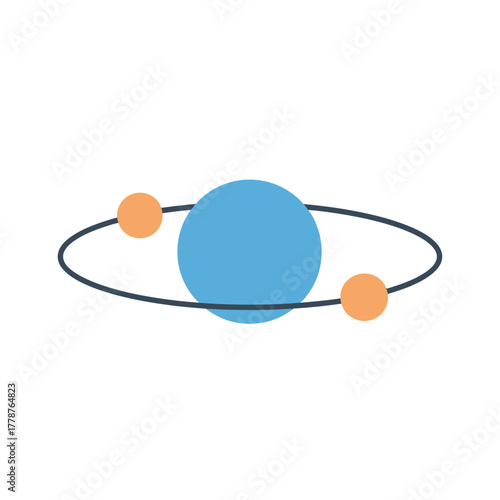 A flat vector illustration of a blue planet with two orange moons in an elliptical orbit.
