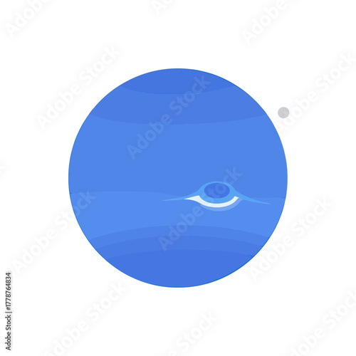 A stylized illustration of the planet Neptune with its Great Dark Spot and a small moon.