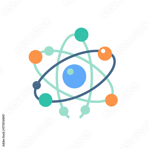 A stylized illustration of an atom with electrons orbiting a nucleus.