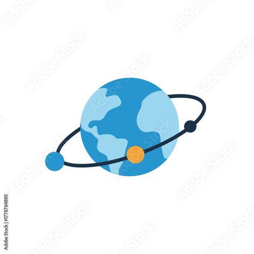 A stylized illustration of the Earth with a satellite orbiting around it.