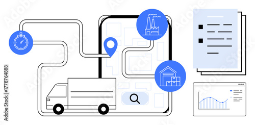 Delivery truck on a route with pinpoint icon, stopwatch, factory, warehouse, report, and analytics. Ideal for logistics, transport, delivery time management optimization business supply chain