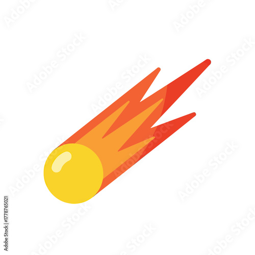 A simple flat vector illustration of a falling meteor or comet with a fiery tail on a white background.