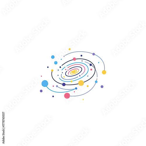 Abstract representation of a colorful spiral galaxy with orbiting celestial bodies and stars.