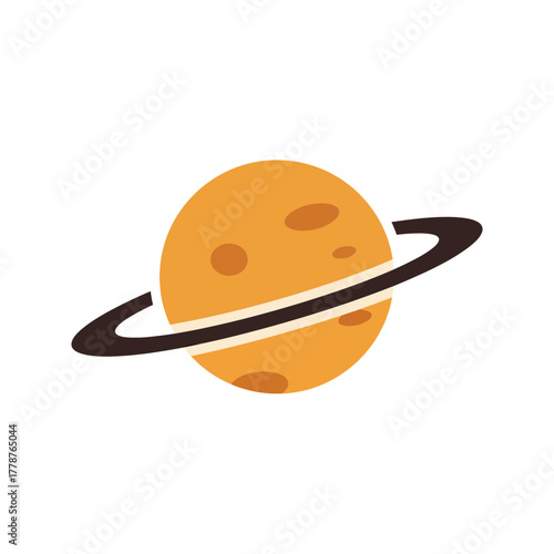 An illustration of a planet with rings, featuring a yellow-orange sphere and a dark ring.