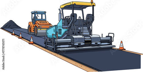 smooth horizons building new roads with powerful asphalt pavers and rollers, isolated on transparent background