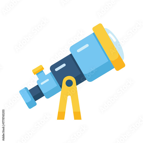 Illustration of a blue telescope with yellow accents, used for astronomical observation.