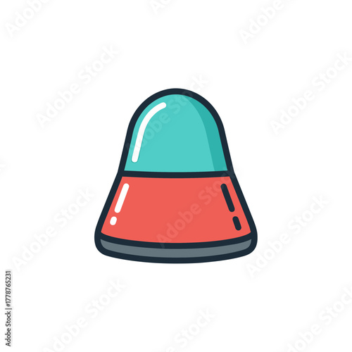 A simple, stylized illustration of a red and teal capsule or pill.