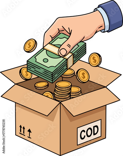 unboxing prosperity hand delivers wealth into a labeled commerce container, isolated on transparent background