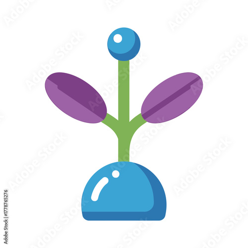 A stylized, cartoonish illustration of a small, blue potted plant with purple leaves and a blue sphere on top.