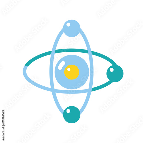 An illustration of an atom, depicting the nucleus and orbiting electrons in a simplified, colorful design.