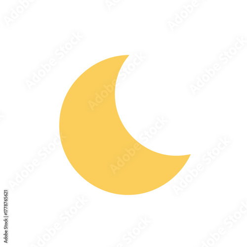 A simple, stylized illustration of a crescent moon in a warm yellow hue against a plain white background.