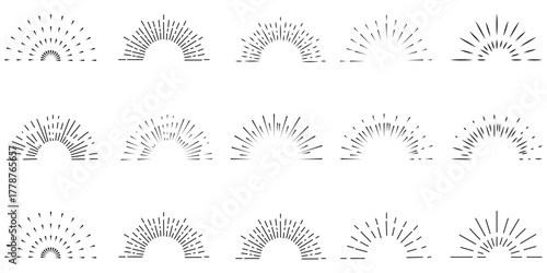 Golden sunburst frame collection. Retro gold radial sun light border set. Vintage sun beams or rays circle element pack for cadre, decor, label, badge, emblem. Vector yellow round boarder bundle