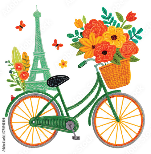 Whimsical Paris getaway blooms with fresh flowers on a vintage bicycle, perfect for travel posters, romantic invitations, and cheerful spring designs
