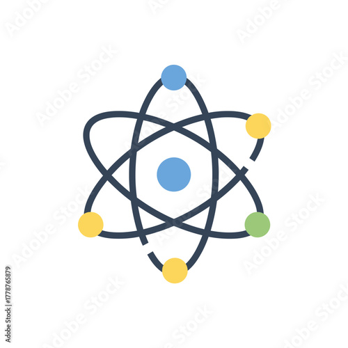 A colorful flat icon of an atom, depicting a central nucleus with electrons orbiting on elliptical paths, symbolizing science.