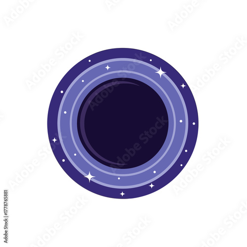 A stylized, abstract representation of a dark celestial body, possibly a black hole, surrounded by concentric rings and twinkling stars.