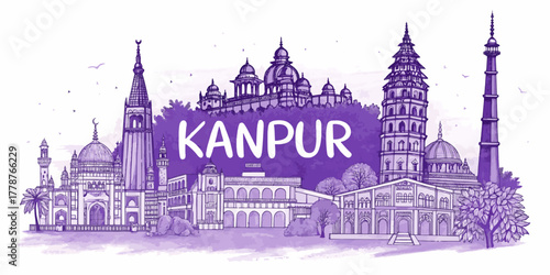 Kanpur Skyline Sketch with Cultural Heritage Touch Featuring JK Temple, Allen Forest Zoo, Phool Bagh, and Ganga Barrage – Perfect for Tourism, Posters, and Wall Art