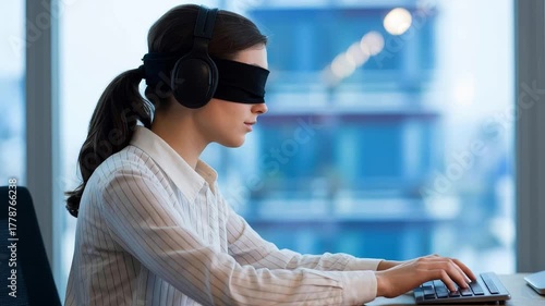A woman wearing headphones and a blindfold typing on a keyboard.