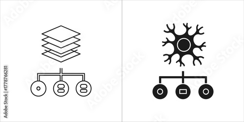 Abstract representation of a neural network structure and layers, with a neuron icon and stacked layers icon