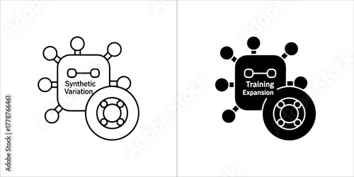Synthetic variation and training expansion concept with network and wheel icon, outline and solid black