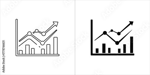 Business growth chart icon set showing outline and solid icons of bar graphs and line charts