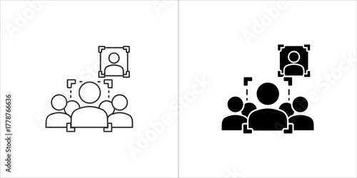 Facial recognition icon set showing outline and solid icons of people and a face detection box