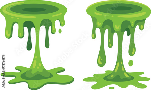 Green Dripping Slime Vector Set - Toxic Goo and Ooze Effect - Cartoon Melted Fluid and Halloween Graphic