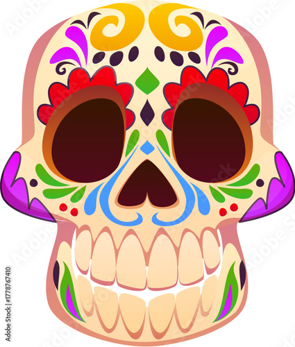 Day of the Dead holiday, Dia De Los Muertos sugar skull. Day of the Dead holiday item, traditional carnival vector attribute. Mexican culture festival human skull with colorful flower ornaments