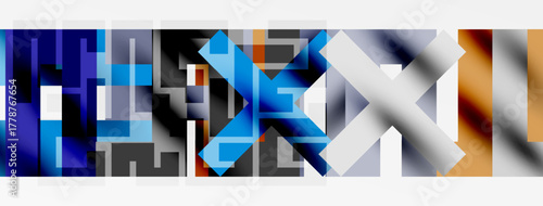 Abstract geometric composition. Bold colors, sharp angles, modern design. Text element visible, fragmented shapes create visual interest.