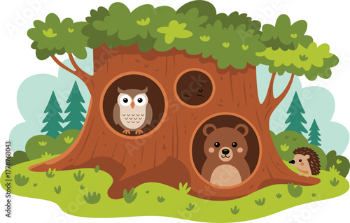 Cute Forest Animals in Tree Hollow Vector - Owl, Bear, and Hedgehog in Woodland House - Nature and Wildlife Scene