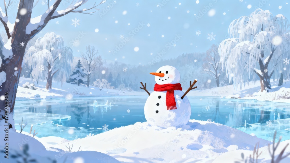 Obraz premium Snowman in a winter landscape with trees and falling snowflakes.