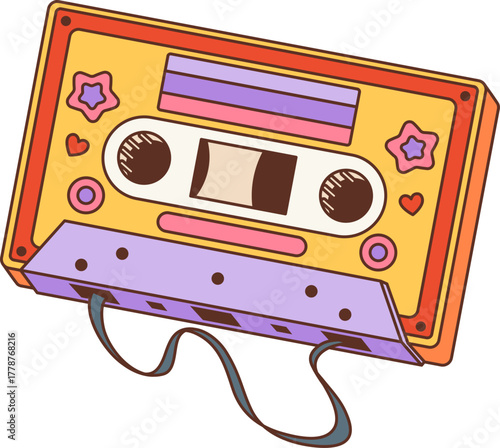 Cartoon vintage 80s groovy cassette tape sticker or tag. Vintage hippie patch, retro groovy vector label. Funky 70s sticker or isolated tag with retro music player cassette