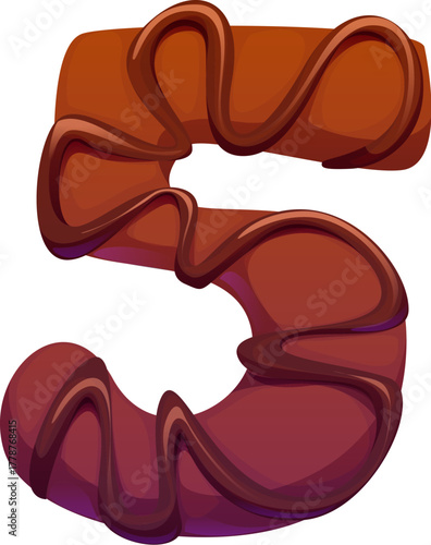 Dessert font, cookie biscuit, bakery sweet type of pastry or candy confectionery, cartoon vector. Cookie font number 5 Five as chocolate biscuit with cocoa cream for bakery desserts typeface